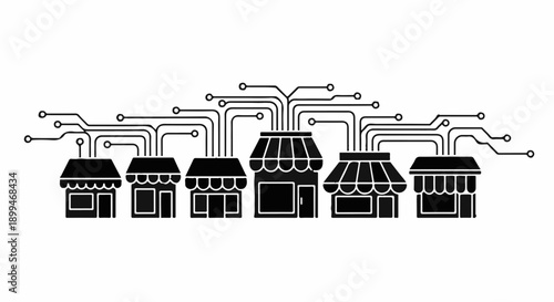 Connected storefronts representing a digital network and online business growth.