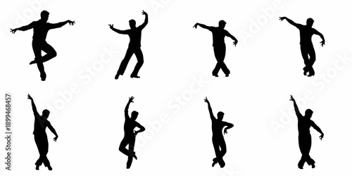 Set of eight vector silhouettes showcasing a male dancer in various dynamic and graceful poses, suitable for ballet or contemporary choreography, isolated on white.