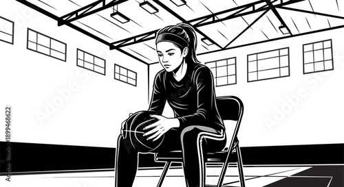 Young female basketball player sitting on a chair holding a ball in a gymnasium