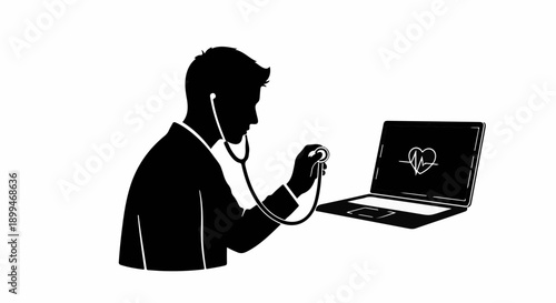 Doctor using stethoscope to examine laptop screen displaying heart rhythm