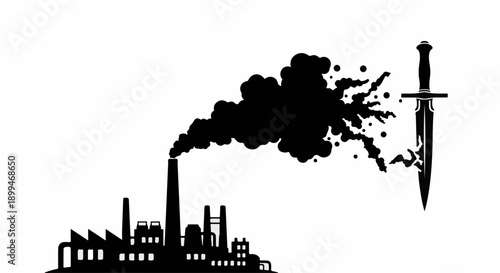 Industrial pollution symbolized by smoke being pierced by a sword, representing the fight against environmental damage.