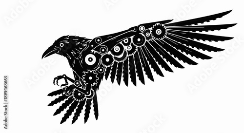 Intricate mechanical raven in flight, a fusion of nature and technology