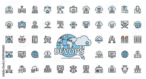 DevOps Cloud Computing Icons Set - Technology and Software Development Concepts