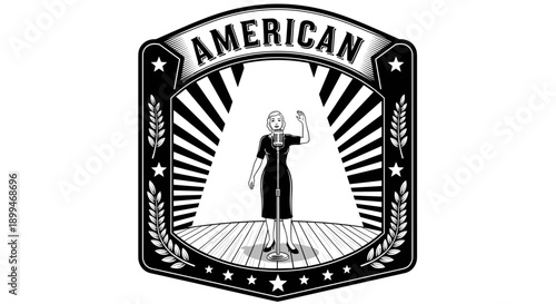 Vintage American singer performing on stage with a classic microphone and spotlight