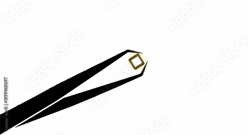 Precise handling of a small, golden square with tweezers against a clean white background