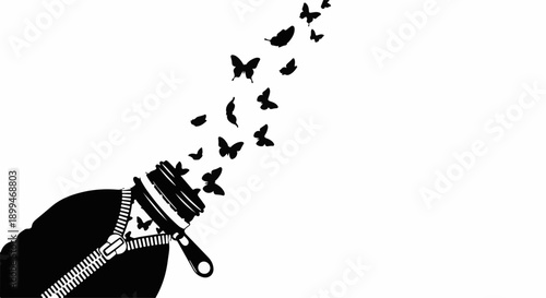 Butterflies emerge from an unzipped jacket, symbolizing freedom and transformation.