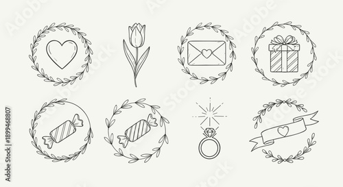 Hand-drawn romantic icons including heart, tulip, gift, candy, and ring within floral wreaths