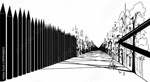Vast perspective of a city street lined with trees and a sharp fence, leading to a vanishing point.