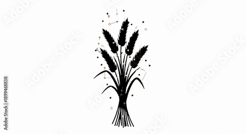 A stylized bunch of dark wheat stalks tied with twine against a white background, with scattered dots.