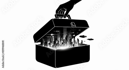 Hand opens briefcase revealing glowing miniature city and flying objects