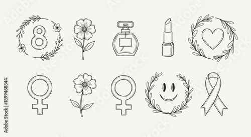 Collection of hand-drawn icons celebrating women's day and feminine symbols