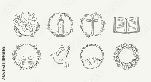 Set of religious and spiritual symbols in a minimalist line art style