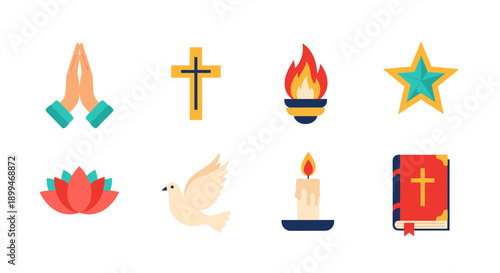 Collection of religious and spiritual symbols in a flat design style