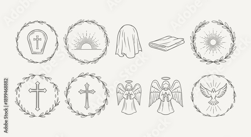 Collection of religious and spiritual line art icons including crosses, angels, and a dove