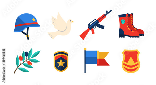 Collection of symbols representing peace, military, and law enforcement elements