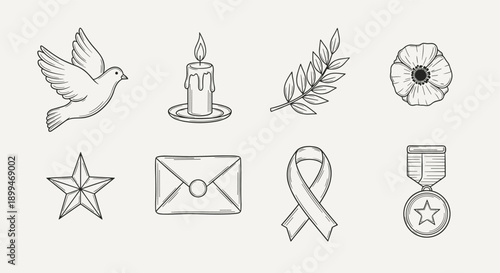 Collection of symbols representing peace, remembrance, and honor in a hand-drawn style
