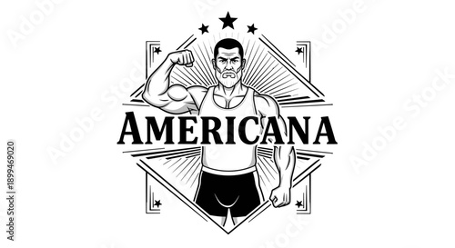 Vintage strong man flexing bicep with Americana text and stars emblem