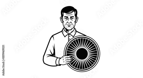Mature man holding a stylized wheel or eye symbol in black and white illustration