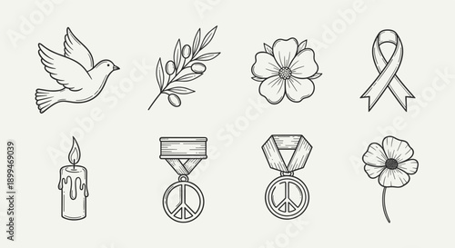 Collection of peace symbols and icons in a hand-drawn line art style