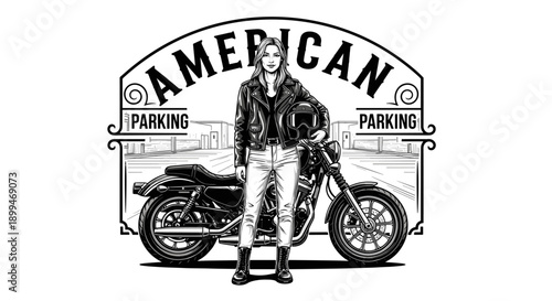 Stylish woman in leather jacket with motorcycle and helmet, American biker style