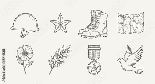 Collection of military and peace symbols in a line art style, perfect for design projects