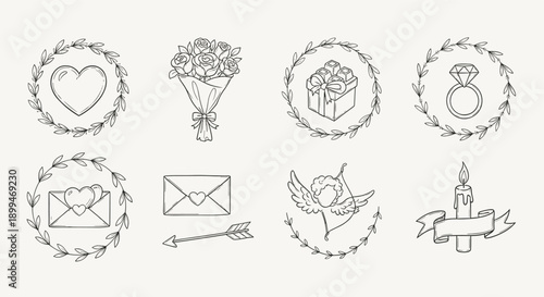 Valentine's Day hand-drawn icons collection with hearts, roses, gifts, and cupid