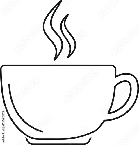 Simple black and white line art illustration depicting a steaming hot beverage contained within a classic coffee cup icon design element