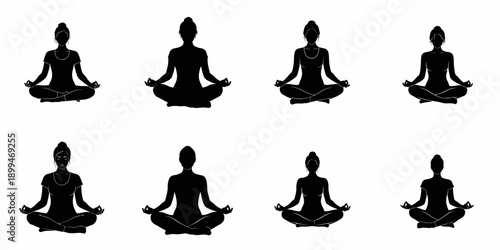 Collection of eight women silhouettes practicing yoga and meditation in the lotus pose, representing health, tranquility, and inner peace.