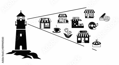 Lighthouse beam illuminating diverse small businesses and local shops