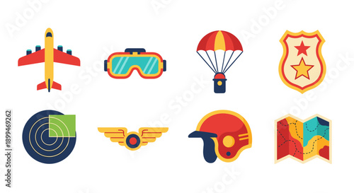 Collection of aviation and adventure icons including airplane, parachute, radar, and map