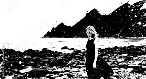 Dramatic black and white portrait of a woman standing on a rocky shore with mountains in the background