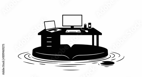 Desk with laptop and computer floating on water, symbolizing remote work challenges.