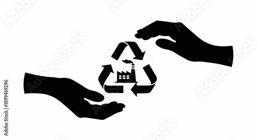 Hands cradling a recycling symbol with a factory icon inside, representing eco-friendly industry and sustainability.