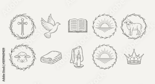 Christian religious symbols collection with cross, dove, lamb, bible, candle, and crown