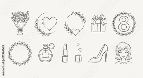 Collection of feminine icons and symbols for International Women's Day celebration