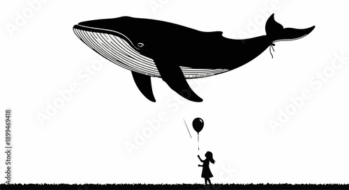 Whimsical illustration of a child holding a balloon, reaching for a giant whale floating in the sky.