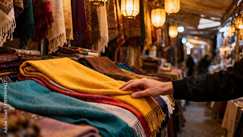 Wallpaper Mural Stack of colorful woven textiles and shawls displayed for sale in a dimly lit indoor market stall. Torontodigital.ca