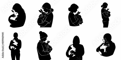 Set of eight black and white vector silhouettes showing people tenderly holding and cuddling small pet rabbits, symbolizing care and love.