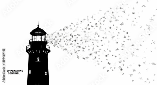 Lighthouse emits a cloud of snowflakes, symbolizing cold weather or winter's arrival.