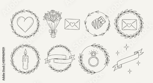 Hand-drawn romantic icons in wreaths, perfect for wedding and Valentine's Day designs