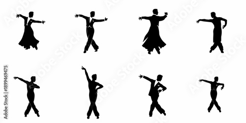 Eight dynamic male dancer silhouettes showing poses for tango, waltz, and Latin dances, isolated on white background.