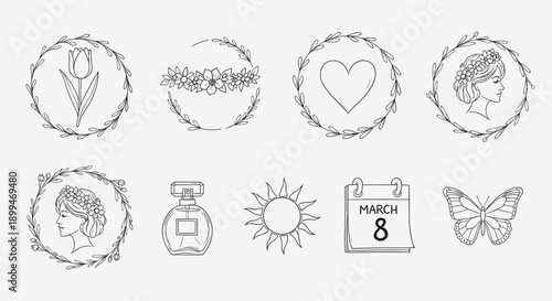 Collection of hand-drawn icons celebrating International Women's Day and spring