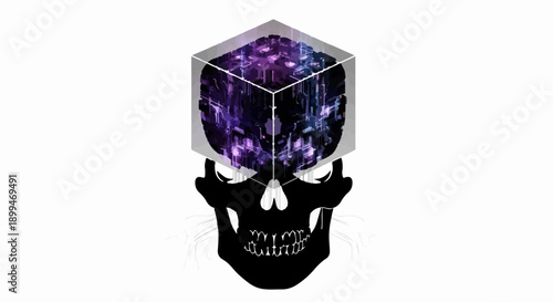 Abstract cosmic galaxy contained within a cube atop a stylized skull silhouette