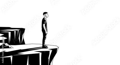 Man standing on cliff edge looking out at vast empty space, black and white illustration
