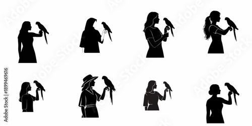 Vector Silhouettes Set of Women Holding Macaw Parrots, Representing Pet Ownership, Exotic Birds, and Diverse Female Profiles.