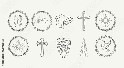 Collection of religious and spiritual icons including a coffin, crosses, angel, dove, and sunbursts
