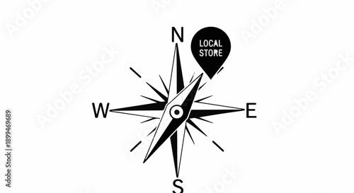 Compass pointing to a local store, representing navigation and discovery