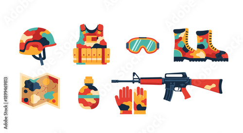 Collection of military equipment and gear with camouflage pattern