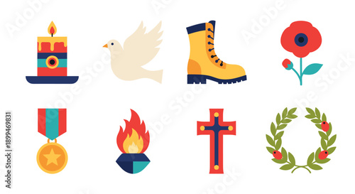 Collection of symbols representing remembrance, peace, and sacrifice for veterans and fallen soldiers