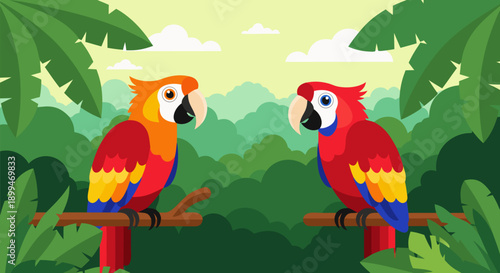 Vibrant Scarlet Macaw Parrots in Lush Green Jungle - Vector Illustration